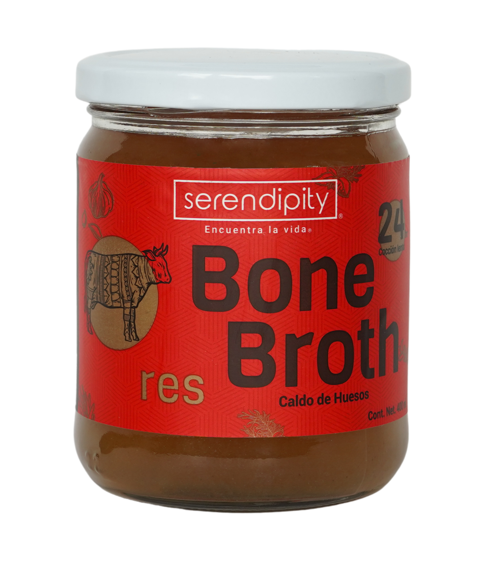 Esta imagen muestra un frasco de caldo de huesos orgánico de Res de Serendipity Life, también conocido como Bone Broth. El frasco exhibe etiquetas claramente visibles que destacan su proceso de cocción lenta de 24 horas. Con ingredientes naturales y organicos en primer plano, esta presentación resalta la calidad y autenticidad del producto. Ofreciendo una opción reconfortante y saludable para una dieta equilibrada, el caldo de huesos orgánico es una excelente adición a cualquier rutina alimentaria